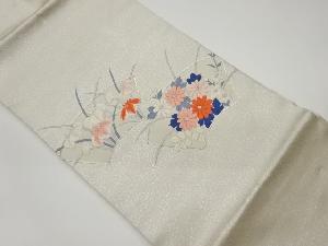 銀駒刺繍地紙に花々模様名古屋帯